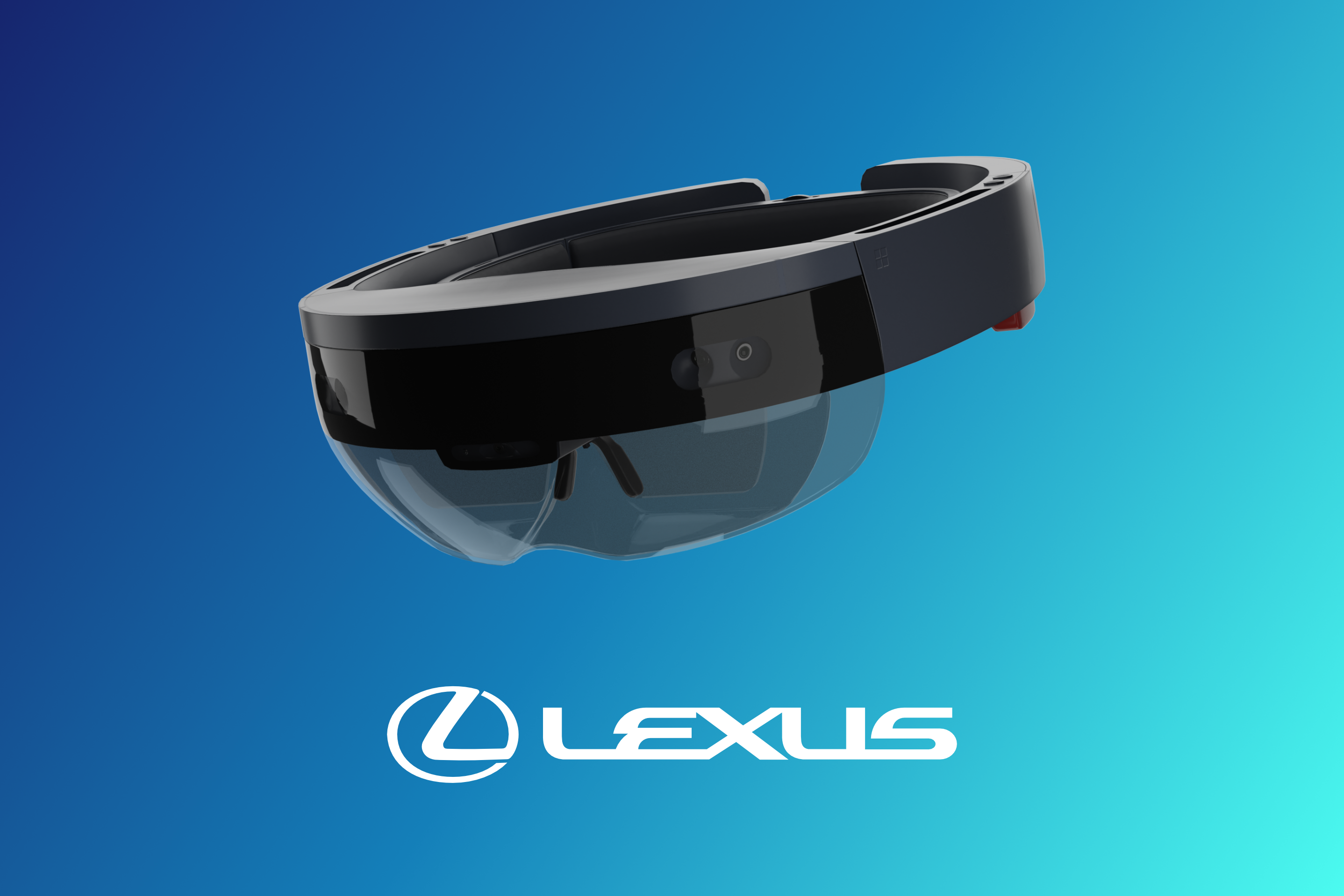 man standing in front of a blue lexus holding a hololens